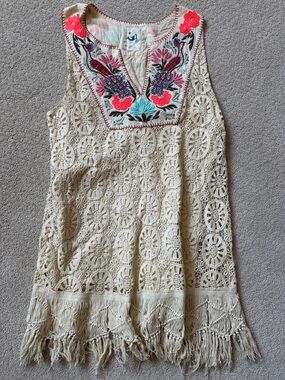 Embroidered Crochet Fringe dress— Cream with Bright Floral Yoke. Lined